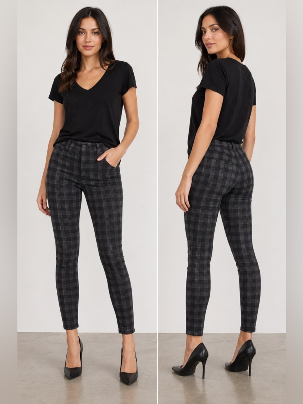 Kut from the Kloth Petite 4P Skinny Pants Gray Black Check Stretch Work